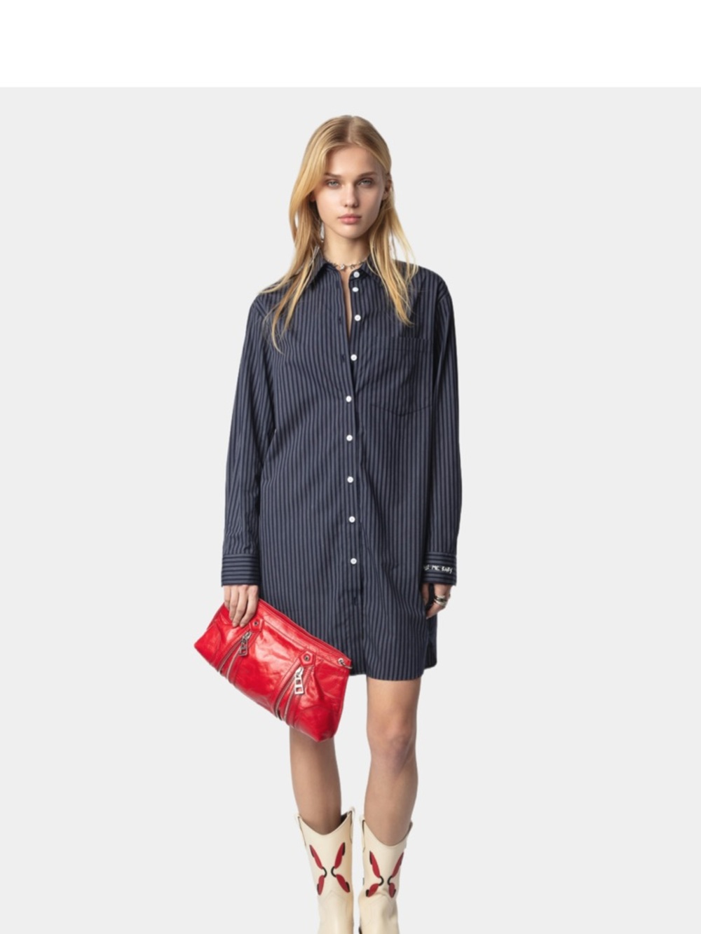 Zadig & Voltaire Navy Pinstripe Long Sleeve Shirt Dress with Button Front
